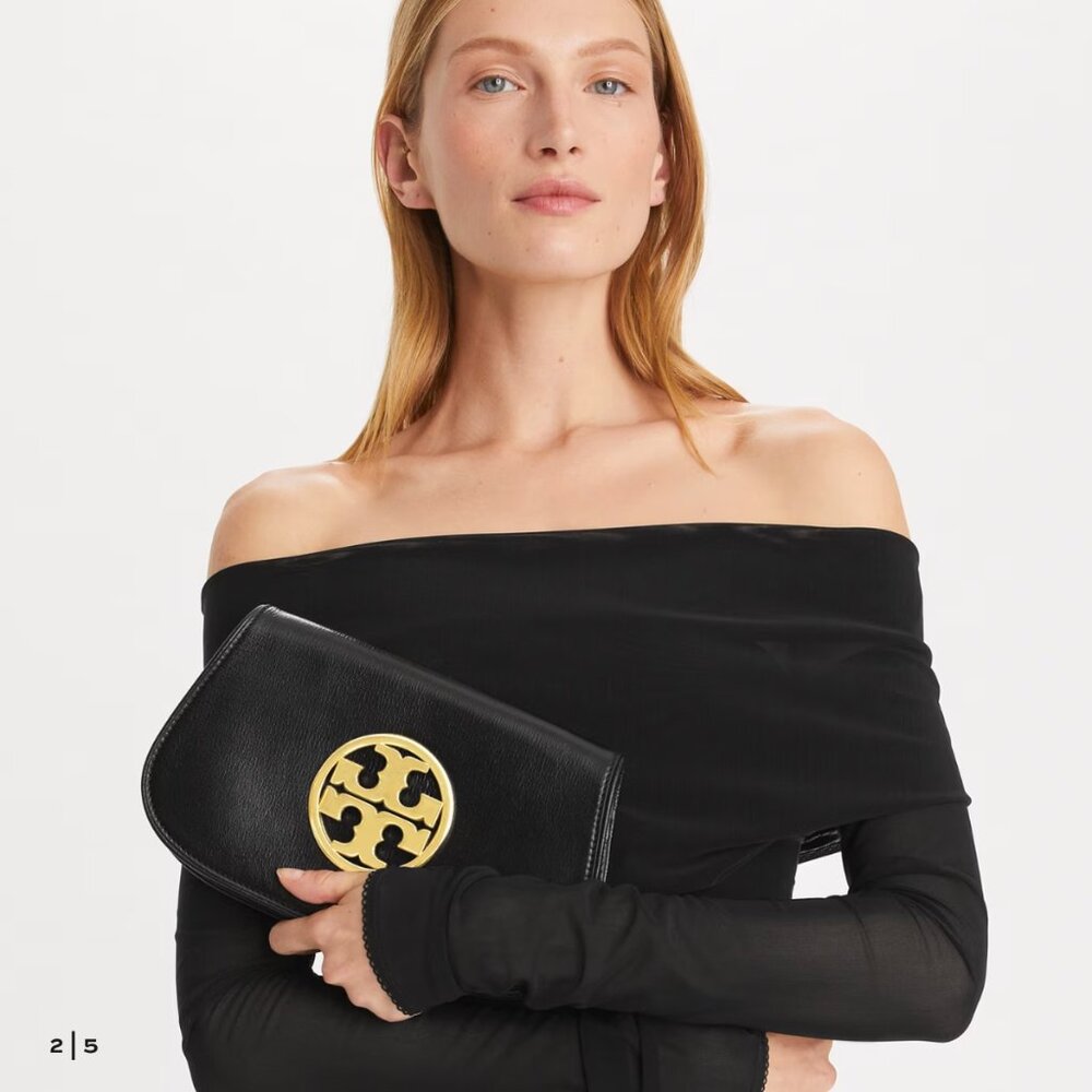 Tory Burch Black Leather Reva Clutch Gold Hardware